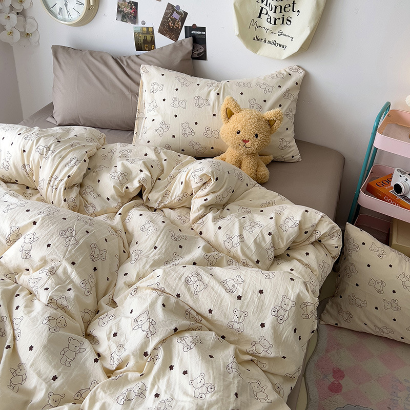 Κάλυμμα παπλωμάτων με μοτίβο καρτούν και φυτών, πλυμένο βαμβάκι, ραφή quilted, αντιδραστική εκτύπωση και βαφή, INS στυλ