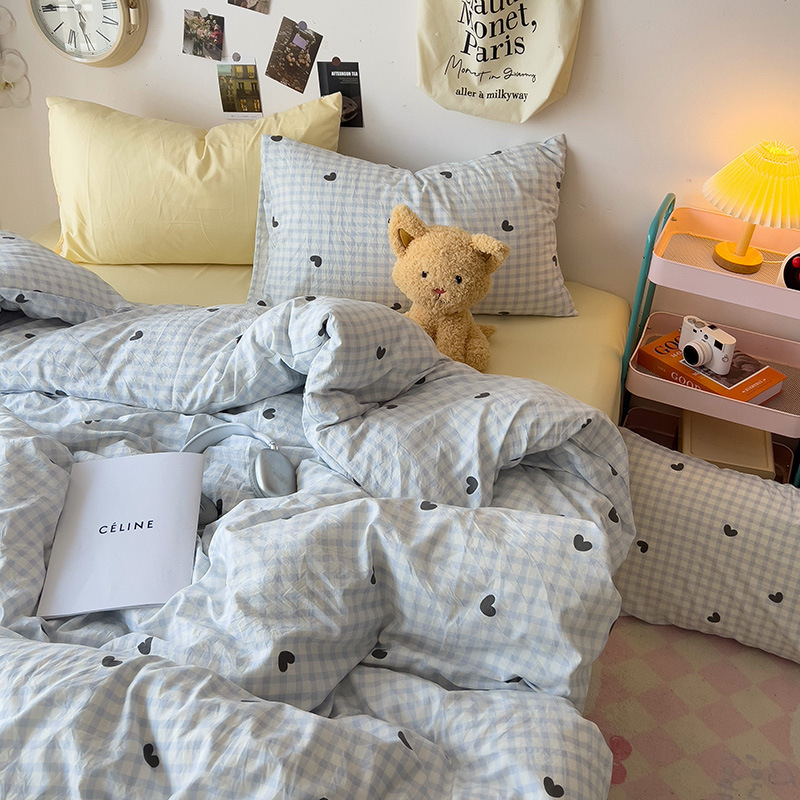 Κάλυμμα παπλωμάτων με μοτίβο καρτούν και φυτών, πλυμένο βαμβάκι, ραφή quilted, αντιδραστική εκτύπωση και βαφή, INS στυλ