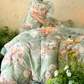 Pesus puuvillane neljaosal voodipesukomplekt prantsuse pitsiga äärte, digitaalse trükiga, džakardlille mustriga, twillistõmm, printsess-stiil