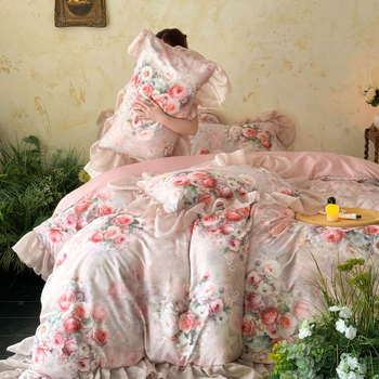 Спален комплект от измит памук с френски дантелен кант, дигитален печат, жакардов мотив с цветя, четири части, принцес стил