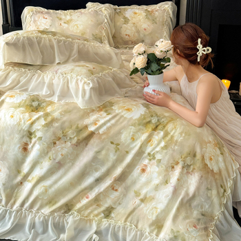 Спален комплект от измит памук с френски дантелен кант, дигитален печат, жакардов мотив с цветя, четири части, принцес стил
