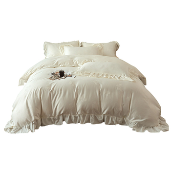 Спален комплект от измит памук с френски дантелен кант, дигитален печат, жакардов мотив с цветя, четири части, принцес стил