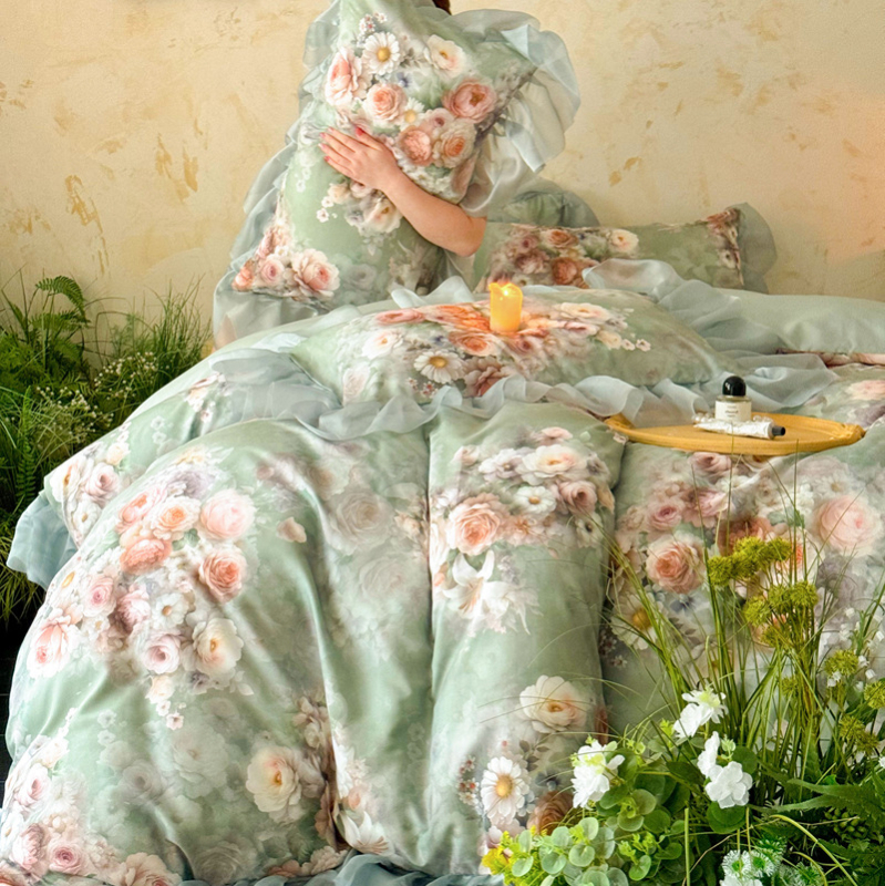 Pesus puuvillane neljaosal voodipesukomplekt prantsuse pitsiga äärte, digitaalse trükiga, džakardlille mustriga, twillistõmm, printsess-stiil