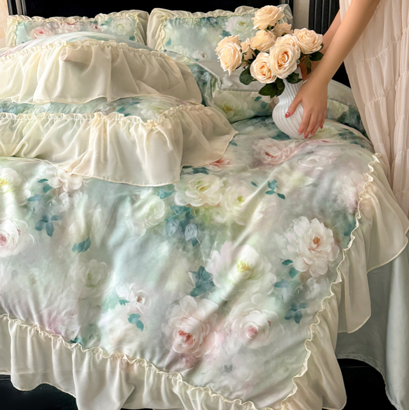 Pesus puuvillane neljaosal voodipesukomplekt prantsuse pitsiga äärte, digitaalse trükiga, džakardlille mustriga, twillistõmm, printsess-stiil