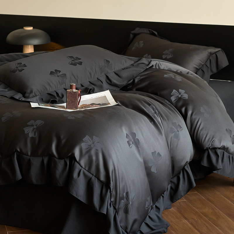 Pesus puuvillane neljaosal voodipesukomplekt prantsuse pitsiga äärte, digitaalse trükiga, džakardlille mustriga, twillistõmm, printsess-stiil