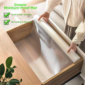 Virtuvės spintelės stalčiaus drėgmės atsparus kilimėlis su EVA atspariu vandeniui sluoksniu ant PE pagrindo (EVA 99% turinys), šiuolaikinis minimalistinis dizainas