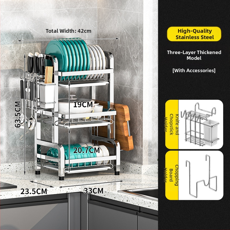 Nerūsējošā tērauda virtuves trauku plaukts — daudzslāņains žāvētājs, mūsdienīgs vienkāršs stils