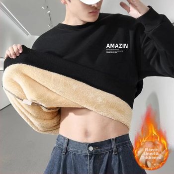 Качулен суитшърт в корейски стил, дебела флиси подплата, Corduroy плат с козина от заек, за възрастни мъже, пролет 2025