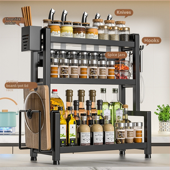 Stalo paviršiaus daugiasluoksnis prieskonių laikiklis iš nerūdijančio plieno su peilių ir įrankių laikikliu, skirtas aliejui, druskai, padažui ir actui