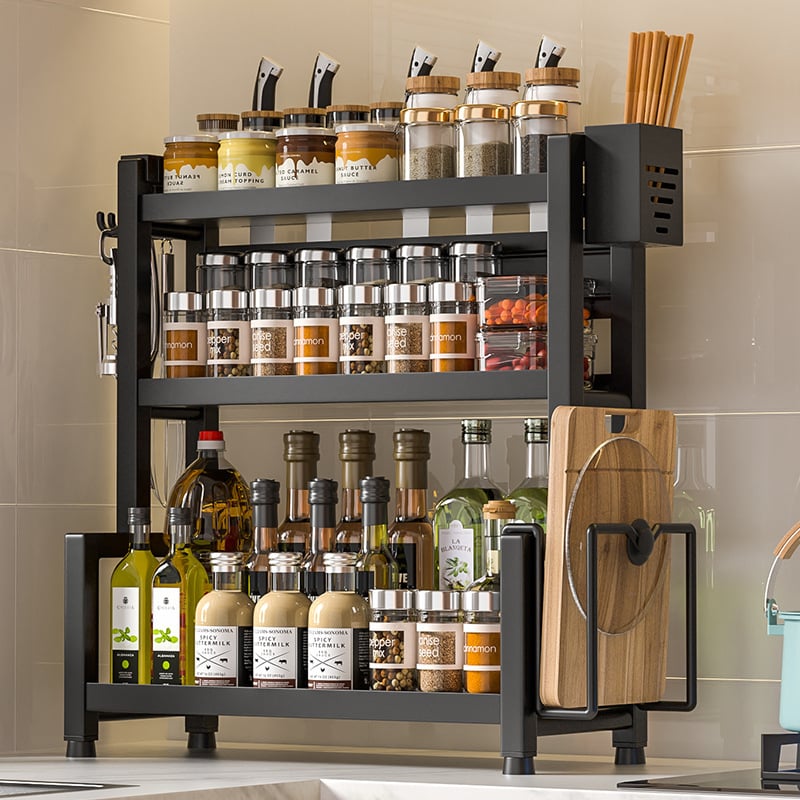 Stalo paviršiaus daugiasluoksnis prieskonių laikiklis iš nerūdijančio plieno su peilių ir įrankių laikikliu, skirtas aliejui, druskai, padažui ir actui