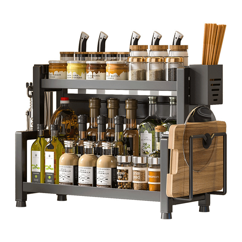 Stalo paviršiaus daugiasluoksnis prieskonių laikiklis iš nerūdijančio plieno su peilių ir įrankių laikikliu, skirtas aliejui, druskai, padažui ir actui