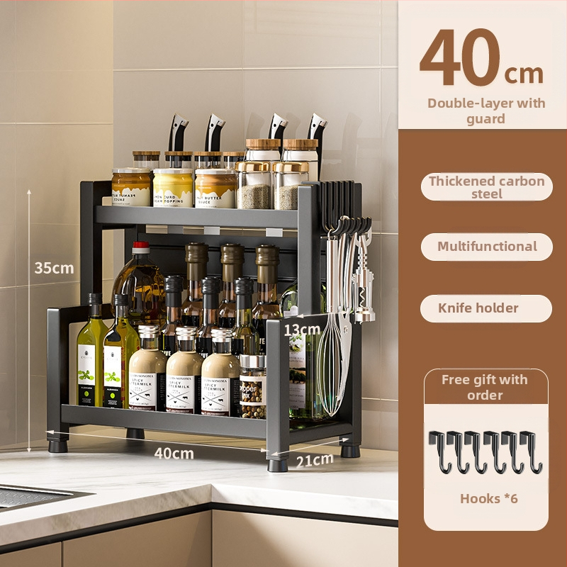 Stalo paviršiaus daugiasluoksnis prieskonių laikiklis iš nerūdijančio plieno su peilių ir įrankių laikikliu, skirtas aliejui, druskai, padažui ir actui