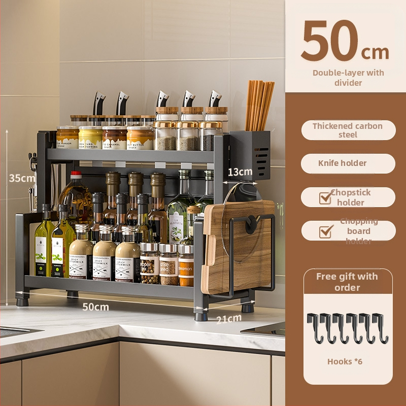 Stalo paviršiaus daugiasluoksnis prieskonių laikiklis iš nerūdijančio plieno su peilių ir įrankių laikikliu, skirtas aliejui, druskai, padažui ir actui