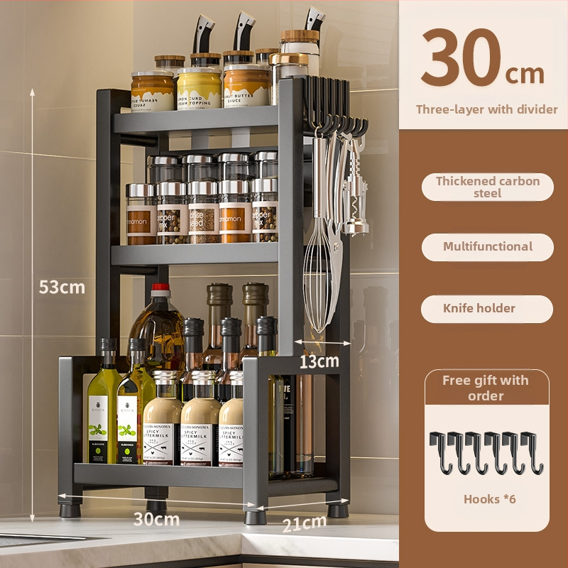 Stalo paviršiaus daugiasluoksnis prieskonių laikiklis iš nerūdijančio plieno su peilių ir įrankių laikikliu, skirtas aliejui, druskai, padažui ir actui