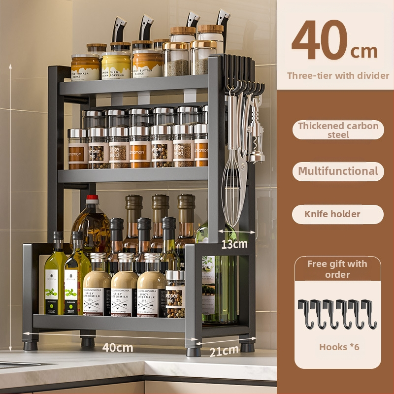 Stalo paviršiaus daugiasluoksnis prieskonių laikiklis iš nerūdijančio plieno su peilių ir įrankių laikikliu, skirtas aliejui, druskai, padažui ir actui