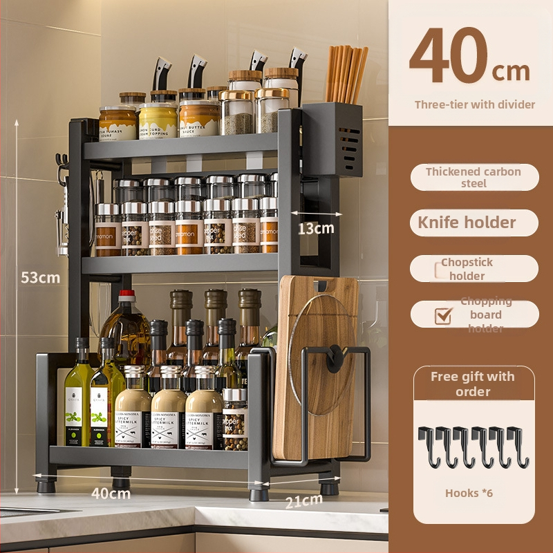 Stalo paviršiaus daugiasluoksnis prieskonių laikiklis iš nerūdijančio plieno su peilių ir įrankių laikikliu, skirtas aliejui, druskai, padažui ir actui