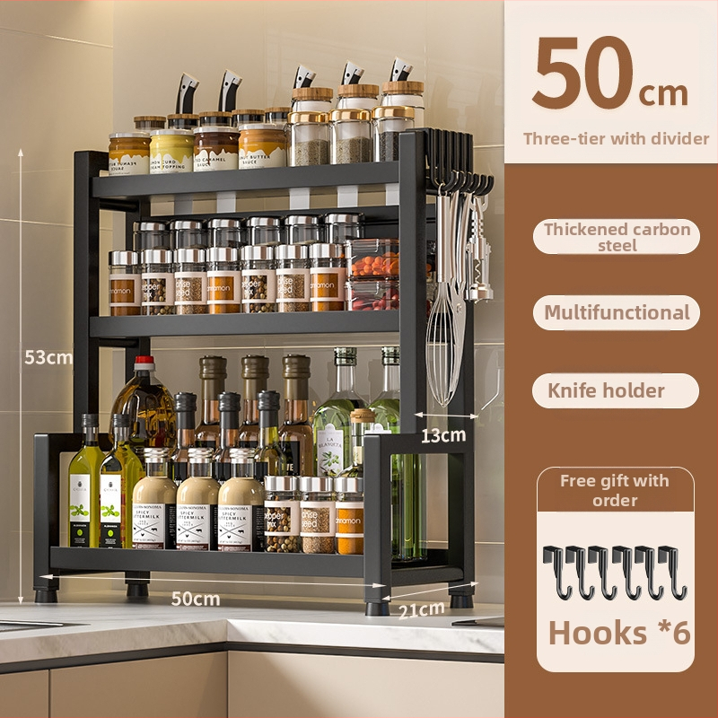 Stalo paviršiaus daugiasluoksnis prieskonių laikiklis iš nerūdijančio plieno su peilių ir įrankių laikikliu, skirtas aliejui, druskai, padažui ir actui