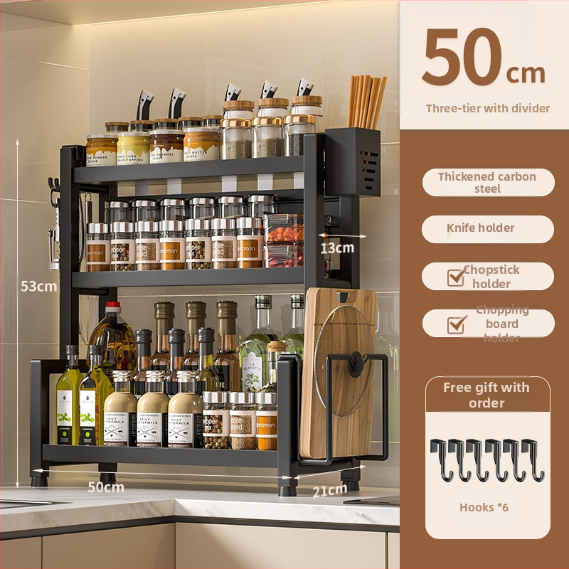 Stalo paviršiaus daugiasluoksnis prieskonių laikiklis iš nerūdijančio plieno su peilių ir įrankių laikikliu, skirtas aliejui, druskai, padažui ir actui