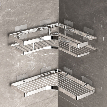 Ράφι γωνίας από ανοξείδωτο ατσάλι για μπάνιο και κουζίνα — χωρίς οπές, 1 επίπεδο, απλός μοντέρνος σχεδιασμός με επίπεδο τρίποδο