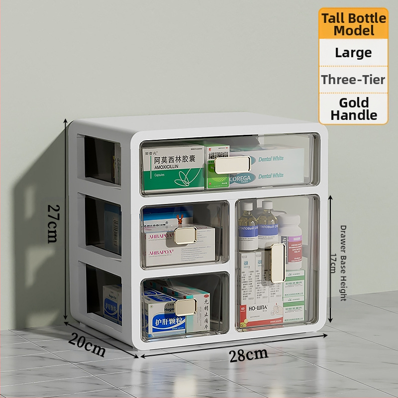 Háztartási gyógyszeres doboz műanyagból, fiókos kialakítással, nagy kapacitású és több rétegű rekeszekkel