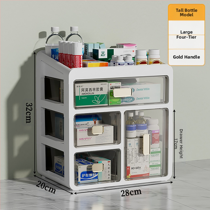 Háztartási gyógyszeres doboz műanyagból, fiókos kialakítással, nagy kapacitású és több rétegű rekeszekkel