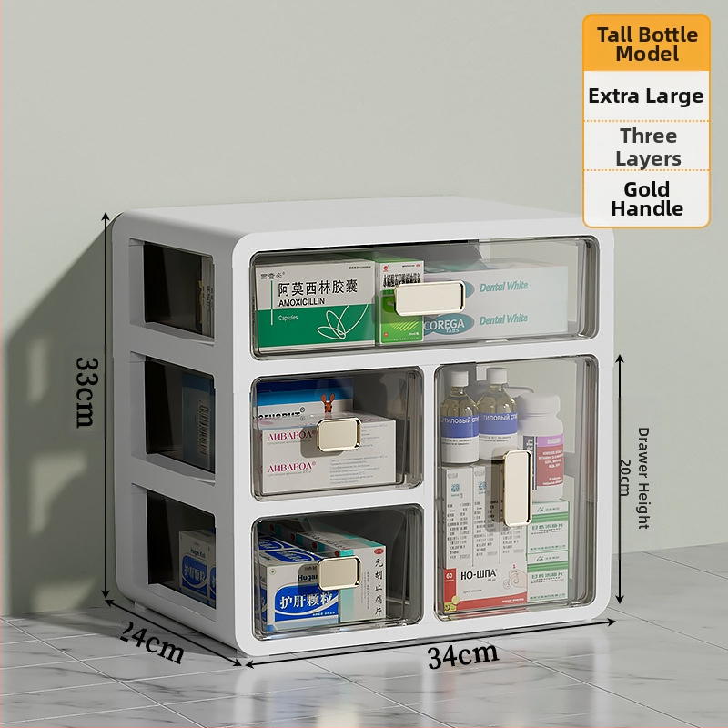 Háztartási gyógyszeres doboz műanyagból, fiókos kialakítással, nagy kapacitású és több rétegű rekeszekkel