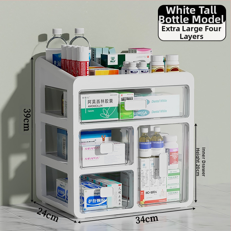 Háztartási gyógyszeres doboz műanyagból, fiókos kialakítással, nagy kapacitású és több rétegű rekeszekkel