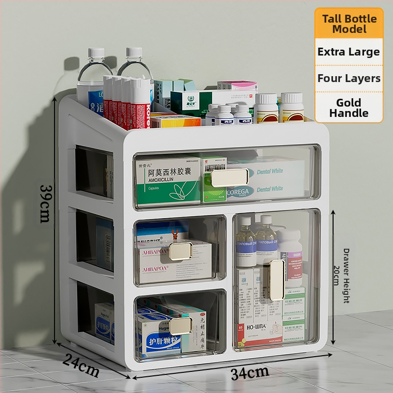 Háztartási gyógyszeres doboz műanyagból, fiókos kialakítással, nagy kapacitású és több rétegű rekeszekkel