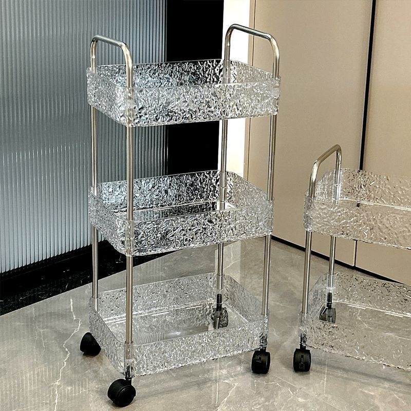 Akrila stacionālais mobilais vannas istabas uzglabāšanas plaukts ar vairākiem plauktiem