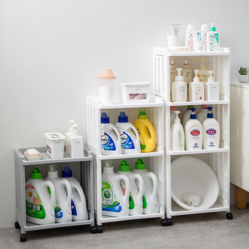 Πλαστικό ράφι μπάνιου με ρόδες, πολυεπίπεδο, για αποθήκευση απορρυπαντικών πλυντηρίου, μοντέρνο μινιμαλιστικό στυλ.