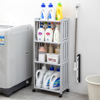 Πλαστικό ράφι μπάνιου με ρόδες, πολυεπίπεδο, για αποθήκευση απορρυπαντικών πλυντηρίου, μοντέρνο μινιμαλιστικό στυλ.