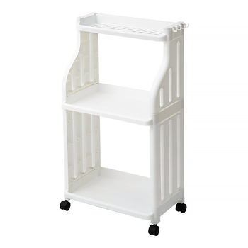 Πλαστικό ράφι μπάνιου με ρόδες, πολυεπίπεδο, για αποθήκευση απορρυπαντικών πλυντηρίου, μοντέρνο μινιμαλιστικό στυλ.