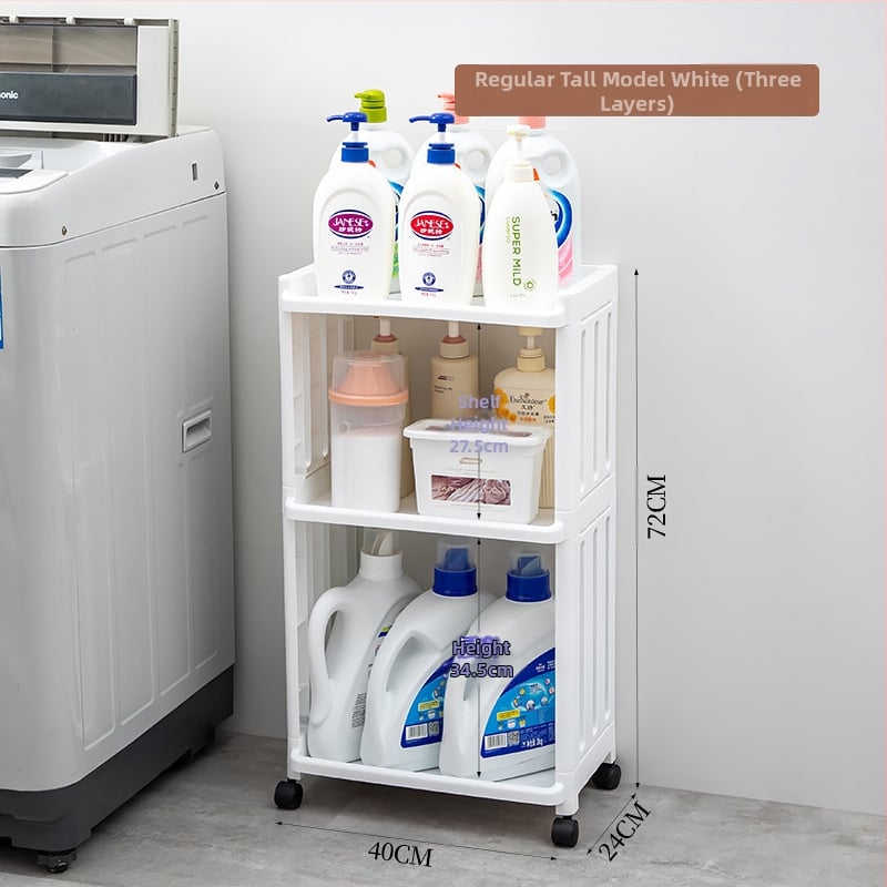 Plastmasas vannas istabas statīvs ar riteņiem, daudzslāņu dizains, paredzēts veļas mazgāšanas līdzekļu uzglabāšanai, moderns minimālisma stils.