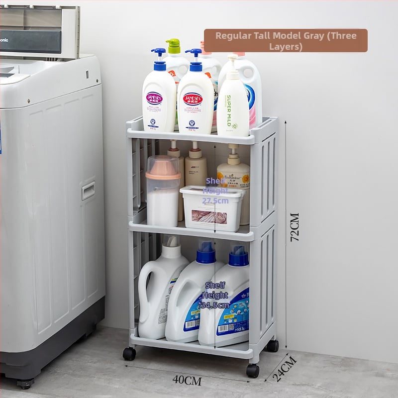 Plastmasas vannas istabas statīvs ar riteņiem, daudzslāņu dizains, paredzēts veļas mazgāšanas līdzekļu uzglabāšanai, moderns minimālisma stils.