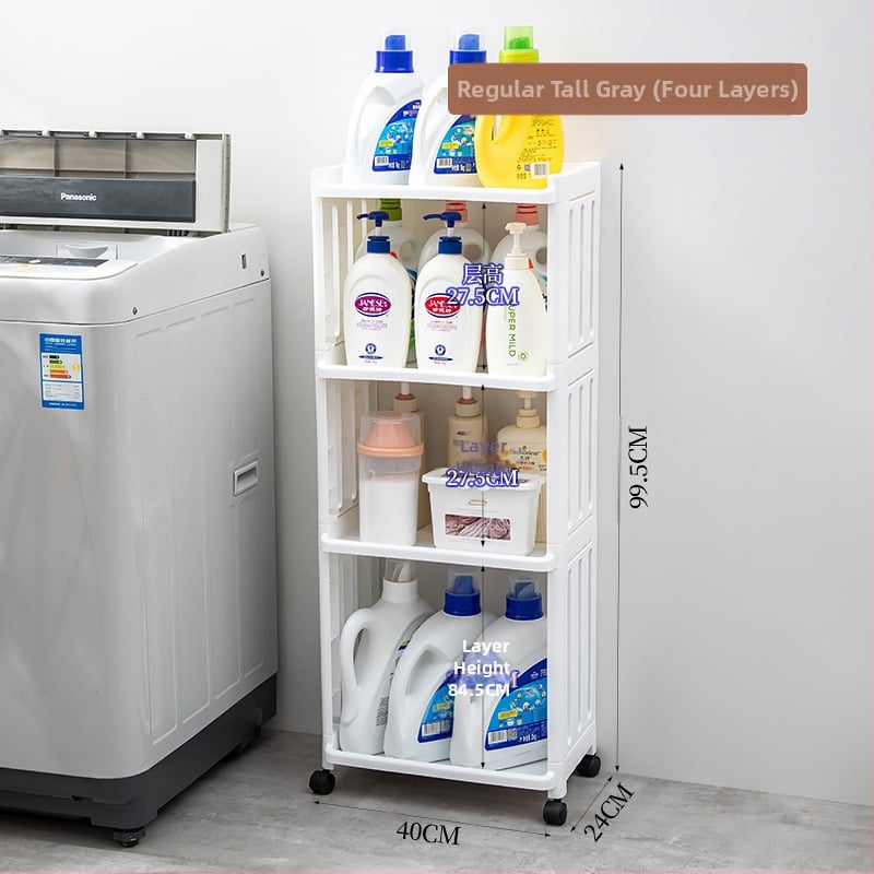 Plastmasas vannas istabas statīvs ar riteņiem, daudzslāņu dizains, paredzēts veļas mazgāšanas līdzekļu uzglabāšanai, moderns minimālisma stils.