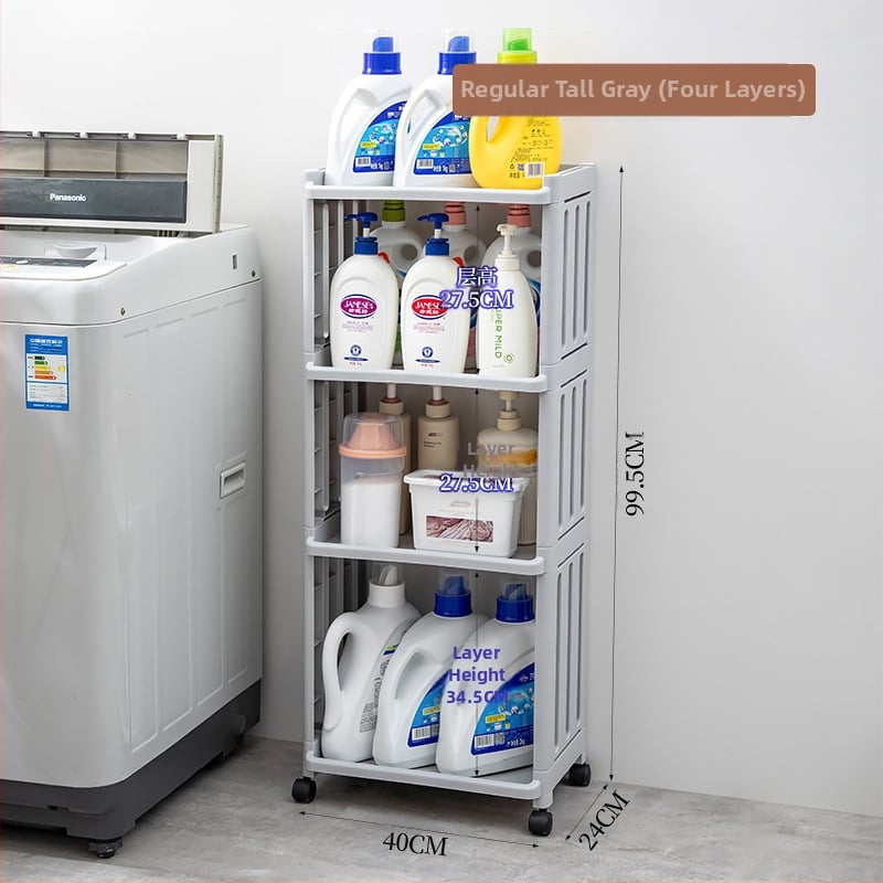 Plastmasas vannas istabas statīvs ar riteņiem, daudzslāņu dizains, paredzēts veļas mazgāšanas līdzekļu uzglabāšanai, moderns minimālisma stils.