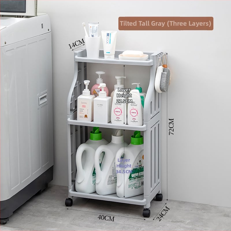 Plastmasas vannas istabas statīvs ar riteņiem, daudzslāņu dizains, paredzēts veļas mazgāšanas līdzekļu uzglabāšanai, moderns minimālisma stils.