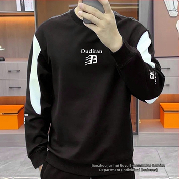 Мъжки пуловер без качулка с подплата от флийс, дебел дълъг ръкав, Corduroy плат с геометричен бродиран мотив