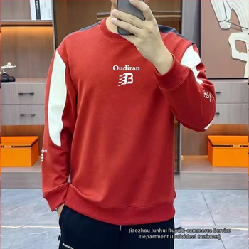 Мъжки пуловер без качулка с подплата от флийс, дебел дълъг ръкав, Corduroy плат с геометричен бродиран мотив