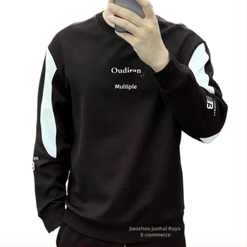 Мъжки пуловер без качулка с подплата от флийс, дебел дълъг ръкав, Corduroy плат с геометричен бродиран мотив