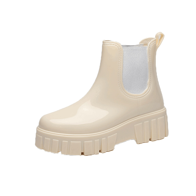 Moteriški lietaus batai, vidutinio aukščio viršus, storesnė padas, PVC viršus, vidutinio kulno 3–5 cm, vientisos spalvos, tinka pavasariui, rudeniui ir žiemai