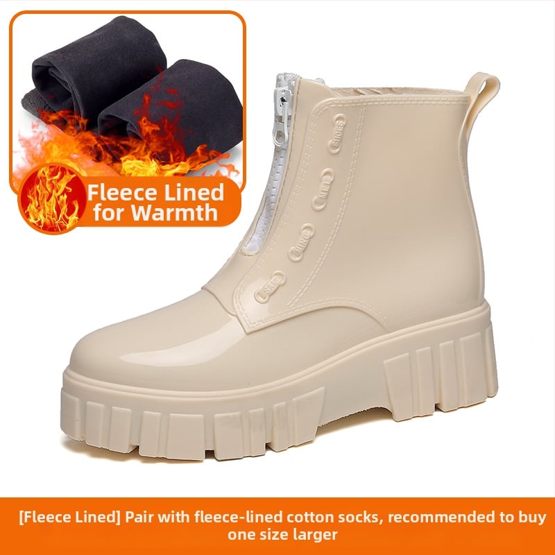 Moteriški lietaus batai, vidutinio aukščio viršus, storesnė padas, PVC viršus, vidutinio kulno 3–5 cm, vientisos spalvos, tinka pavasariui, rudeniui ir žiemai