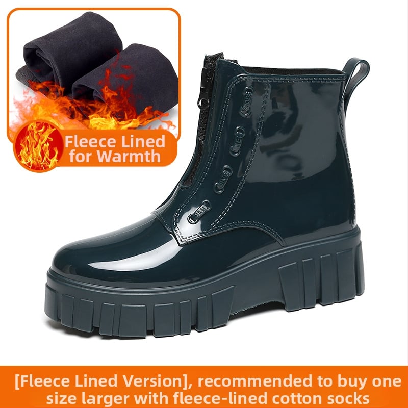 Moteriški lietaus batai, vidutinio aukščio viršus, storesnė padas, PVC viršus, vidutinio kulno 3–5 cm, vientisos spalvos, tinka pavasariui, rudeniui ir žiemai