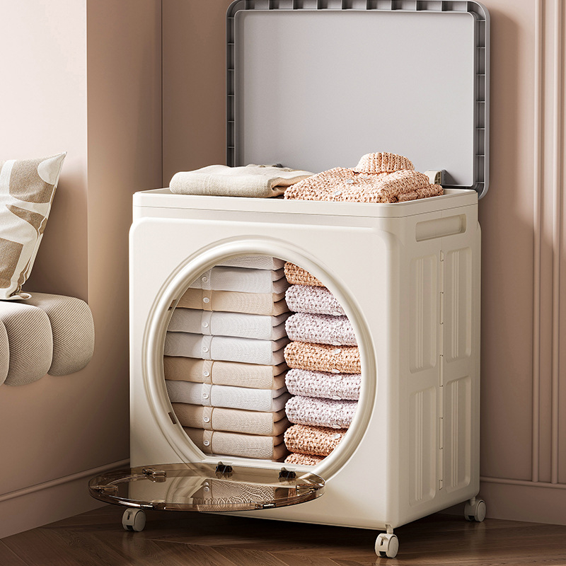 PP plastmasas uzglabāšanas skapis, caurspīdīgs putekļu aizsardzības dizains, divdurvju flip-top vāks, saliekams ar riteņiem, ietilpība 100–150 L