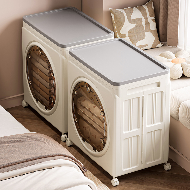 PP plastmasas uzglabāšanas skapis, caurspīdīgs putekļu aizsardzības dizains, divdurvju flip-top vāks, saliekams ar riteņiem, ietilpība 100–150 L