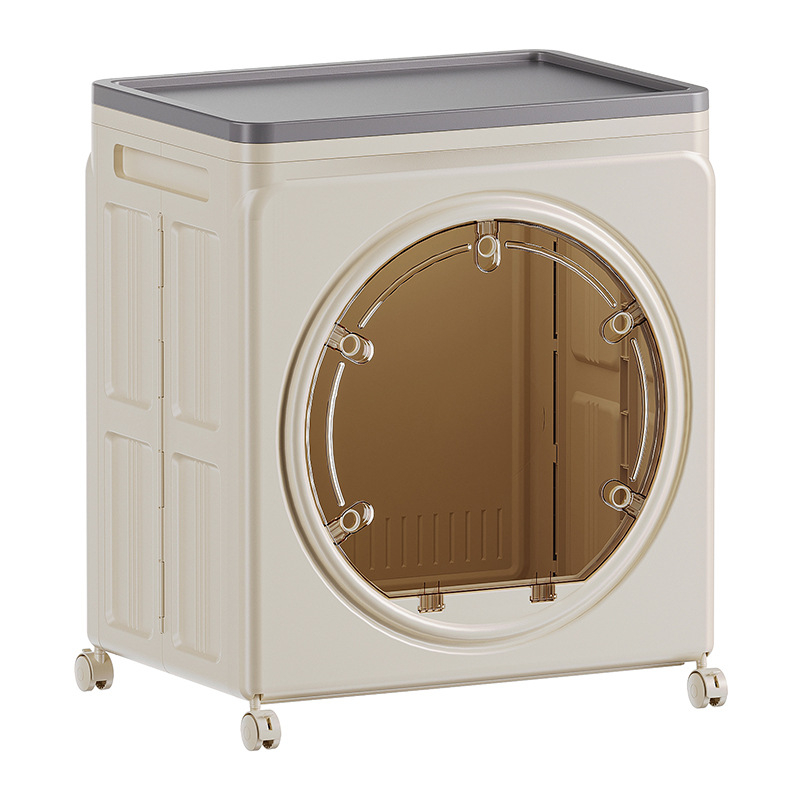 PP plastmasas uzglabāšanas skapis, caurspīdīgs putekļu aizsardzības dizains, divdurvju flip-top vāks, saliekams ar riteņiem, ietilpība 100–150 L