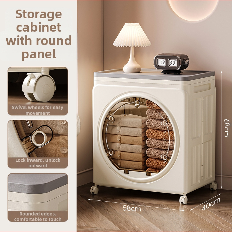 PP plastmasas uzglabāšanas skapis, caurspīdīgs putekļu aizsardzības dizains, divdurvju flip-top vāks, saliekams ar riteņiem, ietilpība 100–150 L