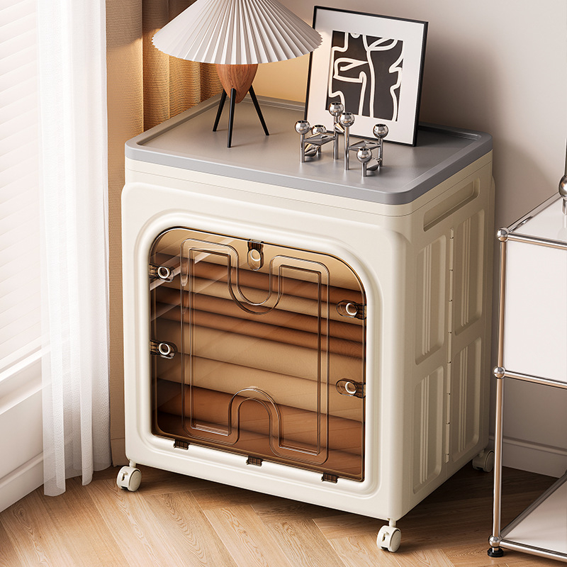 PP plastmasas uzglabāšanas skapis, caurspīdīgs putekļu aizsardzības dizains, divdurvju flip-top vāks, saliekams ar riteņiem, ietilpība 100–150 L