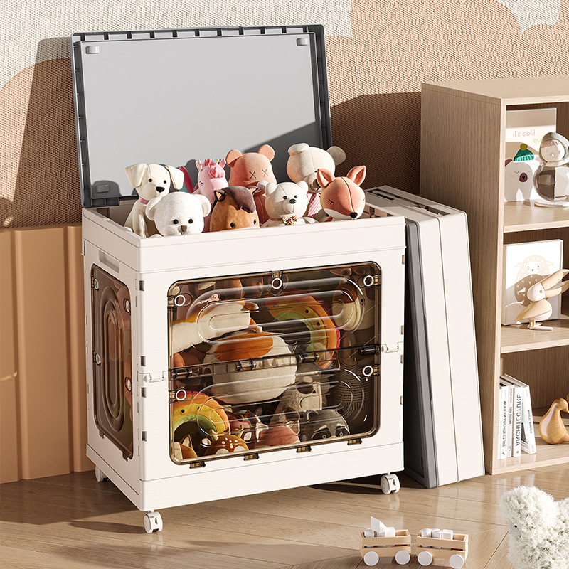 PP plastmasas uzglabāšanas skapis, caurspīdīgs putekļu aizsardzības dizains, divdurvju flip-top vāks, saliekams ar riteņiem, ietilpība 100–150 L