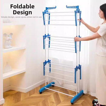 Сгъваема подова стойка за сушене на дрехи с три слоя и криловиден дизайн, мобилна